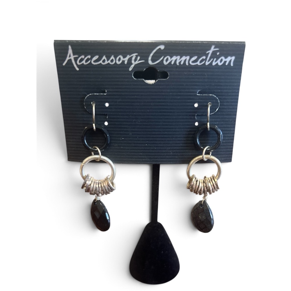 Accessory Connection Vintage Black Silver Tone Teardrop Multi Ring Drop Earrings